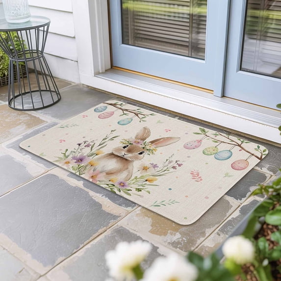 Bunny Easter Door Mat Indoor Outdoor, Colorful Eggs Spring Floral Rustic Non Slip Welcome Mat with Rubber Backing, Absorbent Fabric Front Door Mats Entryway Rug for Home Patio Entrance 16"x24"