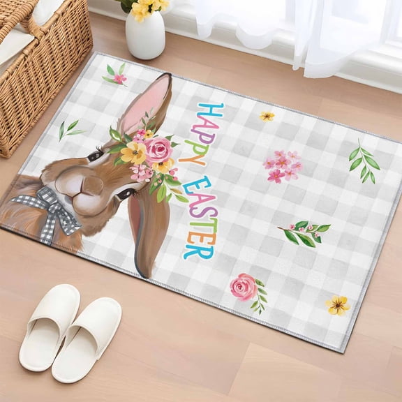 Bunny Easter Entryway Rug 2'x3' Non Slip Front Door Mats, Rabbit Grey Plaid Farmhouse Floral Entrance Rugs Indoor Outdoor Carpet, Washable Floor Mats Small Area Rug for Bedroom Kitchen