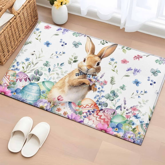 Bunny Easter Entryway Rug 2'x3' Non Slip Front Door Mats, Spring Floral Rabbits Eggs Farmhouse Entrance Rugs Indoor Outdoor Carpet, Washable Floor Mats Small Area Rug for Bedroom Kitchen