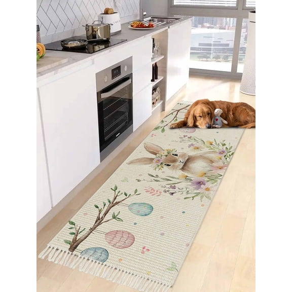 Bunny Easter Entryway Runner Rug 2x4ft,Colorful Eggs Spring Floral Rustic Washable Woven Living Room Hallway Bedroom Kitchen Carpet with Tassels,Indoor Outdoor Throw Door Mat for Entryway