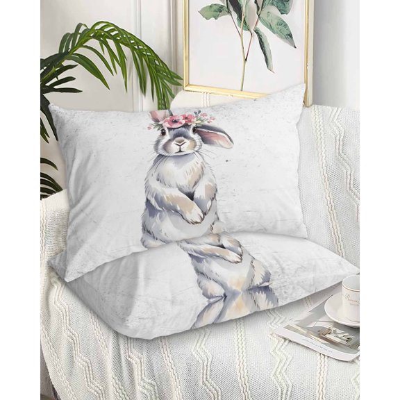 Bunny Easter King Pillow Cases Set of 2 - Microfiber Bed Throw Pillow Covers, Rabbits Farmhouse Floral Animals Decorative Lumbar Pillow Cover with Envelope Closure for Sofa/Travel 20"x36"