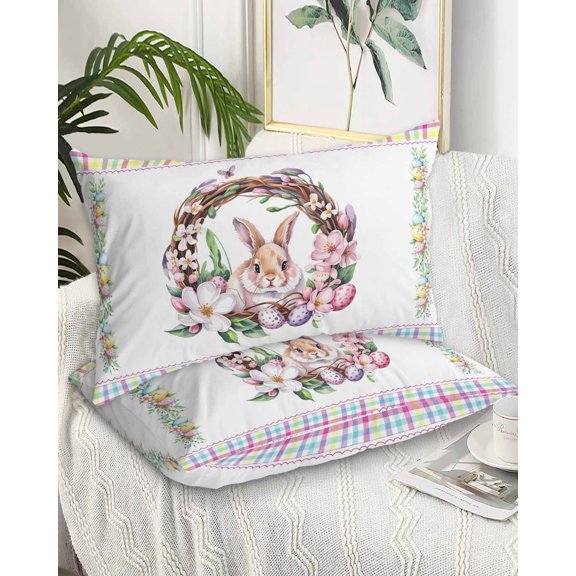 Bunny Easter King Pillow Cases Set of 2 - Microfiber Bed Throw Pillow Covers, Spring Floral Eggs Pastoral Rabbit Decorative Lumbar Pillow Cover with Envelope Closure for Sofa/Travel 20"x36"