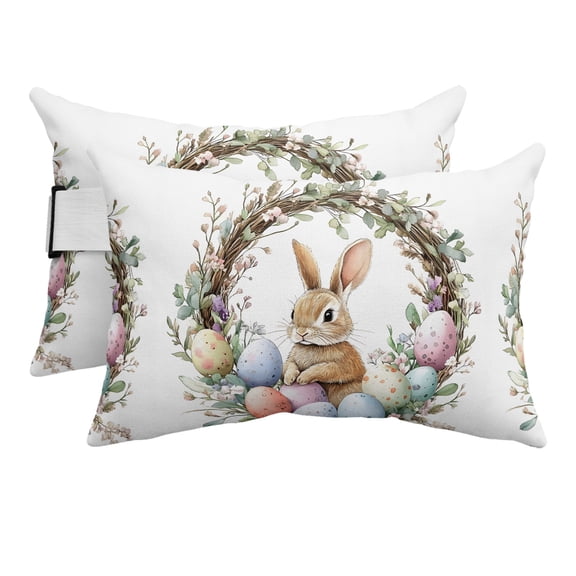 Bunny Easter Outdoor Pillows for Chaise Lounge Chair Beach Headrest Pillow Set of 2 Waterproof Lumbar Pillows with Insert&Strap Spring Floral Botanical Wreath Eggs Pillow for Patio Pool 12"x20"