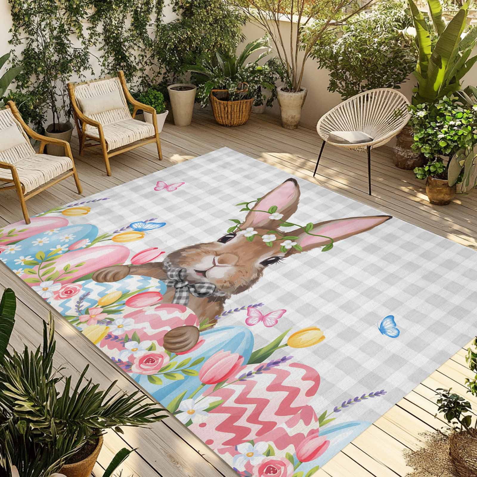 Pink Easter Rug Bunny Easter Outdoor Rug 5x8 Ft - Reversible Patio Rug Outdoor Camping ...