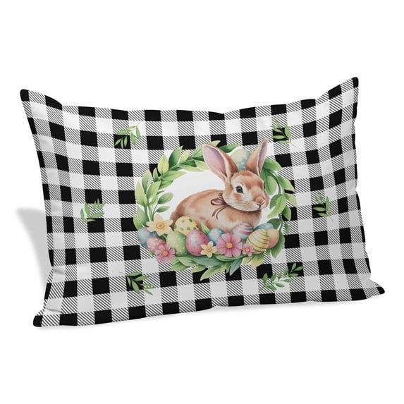 Bunny Easter Pillow Covers, Linen Long Throw Pillow Case, Eggs Spring Floral Black White Plaid Farmhouse Holiday Pillow Protector Decorative Cushion Cover for Living Room/Bedroom 20" x 36"