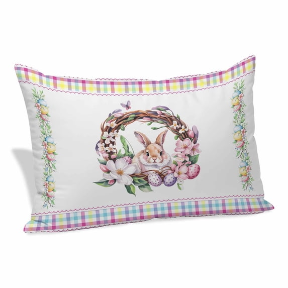 Bunny Easter Pillow Covers, Linen Long Throw Pillow Case, Spring Floral Eggs Pastoral Rabbit Holiday Pillow Protector Decorative Cushion Cover for Living Room/Bedroom 20" x 30"