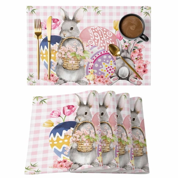 Bunny Easter Placemats Set of 12 Pink Eggs Plaid Spring Floral Farmhouse Place Mats Indoor Wipeable Table Mats Washable Cloth Dining Table Placemats for Kitchen Holiday Party Home Decor 13x19 Inch