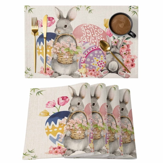 Bunny Easter Placemats Set of 4, Eggs Spring Floral Butterfly Leaves Rustic Placemats for Dining Table, Place Mats for Kitchen Tabletop, Waterproof Wipeable Dining Table Mats Set
