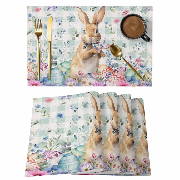 Bunny Easter Placemats Set of 4 Spring Floral Rabbits Checkered Farmhouse Place Mats Indoor Wipeable Table Mats Washable Cloth Dining Table Placemats for Kitchen Holiday Party Home Decor 13x19 Inch