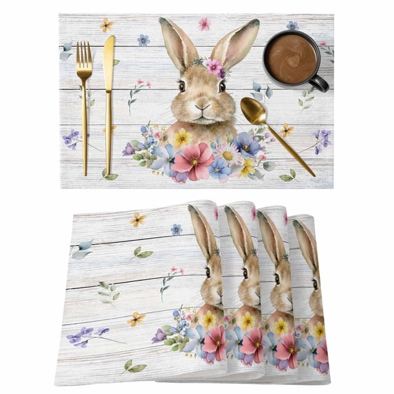 Bunny Easter Placemats Set of 6, Spring Floral Pastoral Wooden Placemats for Dining Table, Place Mats for Kitchen Tabletop, Waterproof Wipeable Dining Table Mats Set