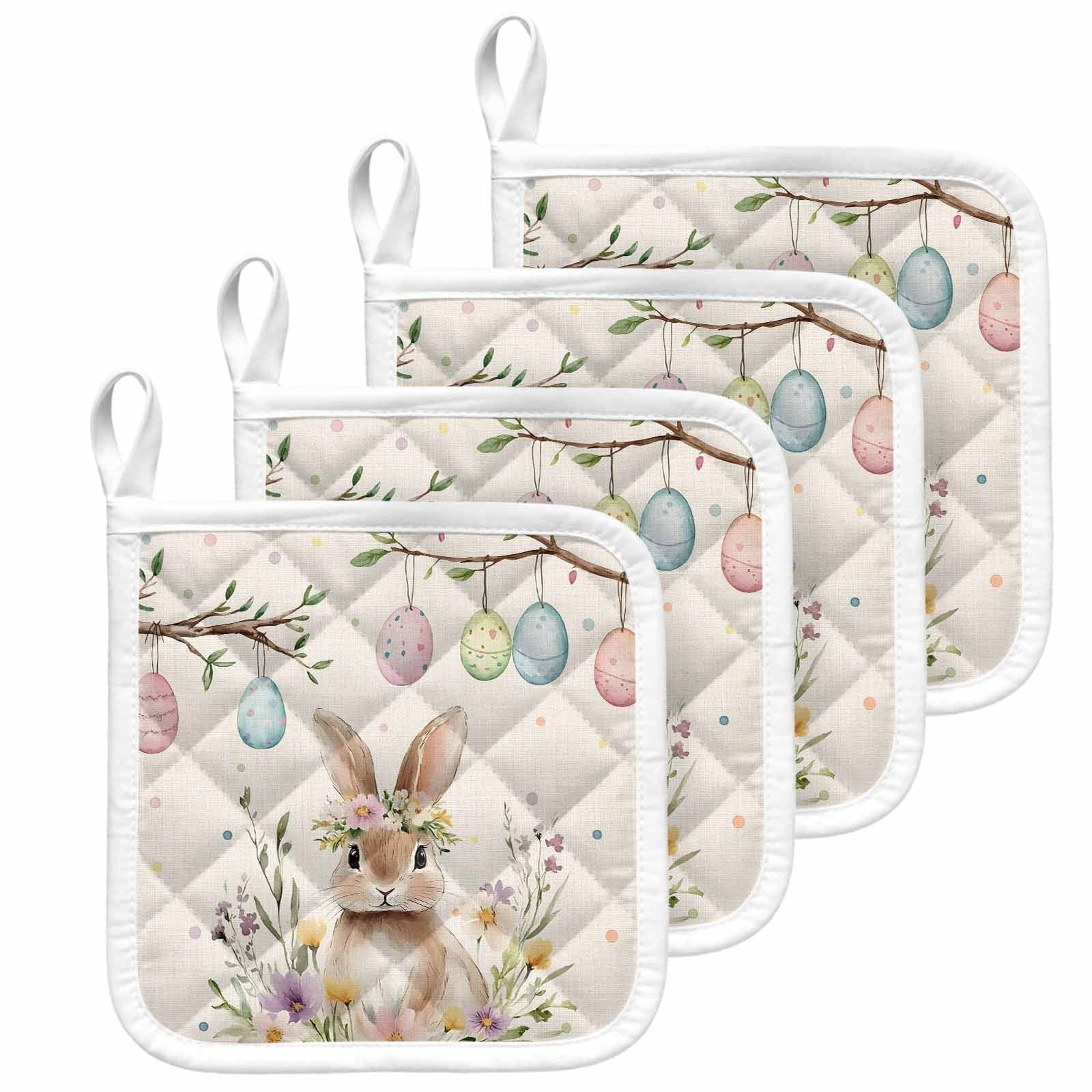 Bunny Easter Pot Holders for Kitchen Heatproof Potholder, 4 Pack Colorful Eggs Spring Floral Rustic Hot Pads Multipurpose Oven Pads Cloth Potholders Trivet for Cooking and Baking