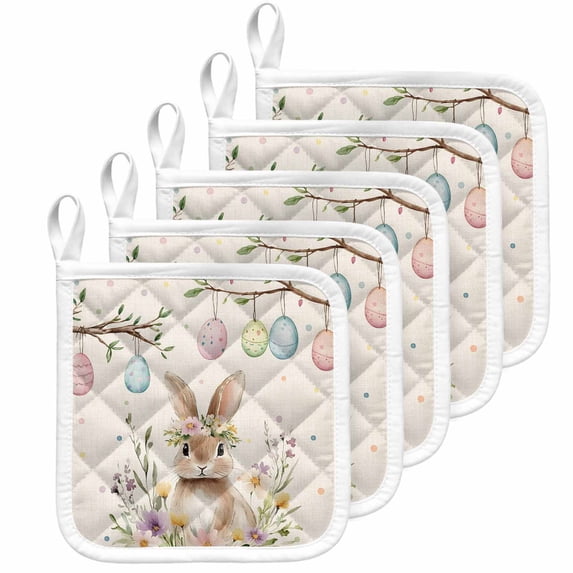 Bunny Easter Pot Holders for Kitchen Heatproof Potholder, 5 Pack Colorful Eggs Spring Floral Rustic Hot Pads Multipurpose Oven Pads Cloth Potholders Trivet for Cooking Baking