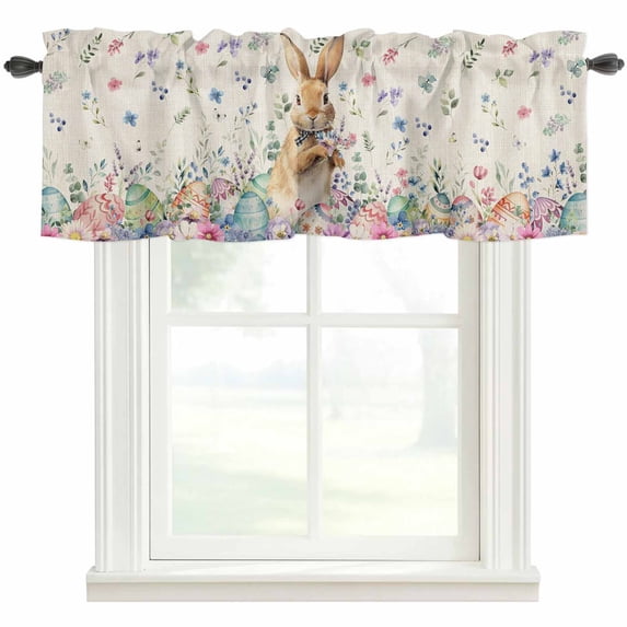 Bunny Easter Rod Pocket Curtain Valance, Spring Floral Eggs Rabbits Rustic Farmhouse Window Valance for Living Room, Bedroom, Kitchen 54"W x 18"L