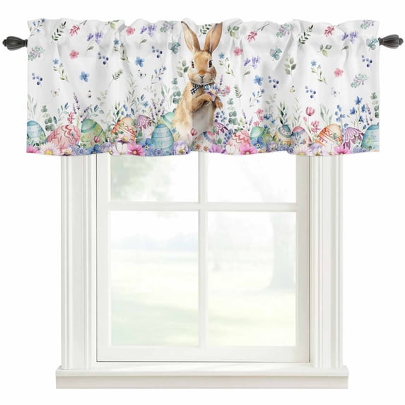 Bunny Easter Rod Pocket Curtain Valance, Spring Floral Rabbits Eggs Farmhouse Farmhouse Window Valance for Living Room, Bedroom, Kitchen 42"W x 12"L