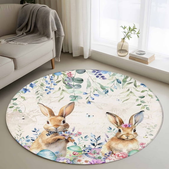 Bunny Easter Round Rug 3ft Washable Circle Entryway Rugs Non Slip Spring Floral Eucalyptus Leaves Eggs Weeping Area Rug Indoor Floor Carpet for Bedroom Kitchen Living Room Home Office Dining Room