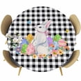 thumbnail image 1 of Bunny Easter Round Tablecloth, Fitted Table Cover with Elastic for 36"-44" Round Tables, Colorful Eggs Black White Checkered Table Cloth Outdoor Indoor Dinning Party Waterproof Tablecloths, 1 of 7