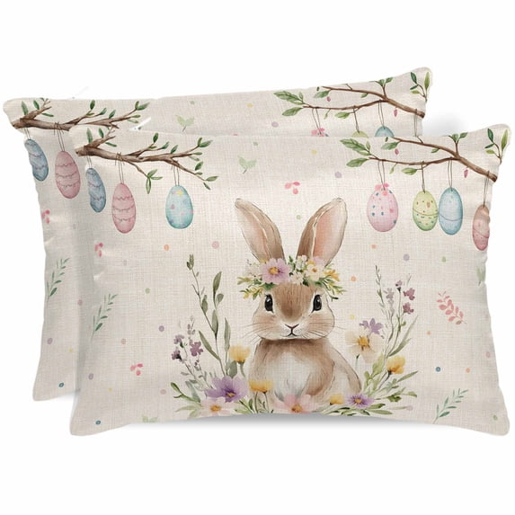 Bunny Easter Satin Pillowcase for Hair and Skin with Zipper, Soft Breathable Cooling Silk Pillow Cases, Colorful Eggs Spring Floral Rustic Throw Pillow Covers Queen Size 20"x30" Set of 2