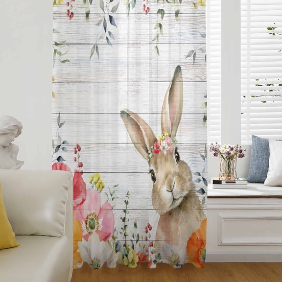 Bunny Easter Semi Sheer Curtains Drapes for Living Room,Bedroom,French Doors Window 63 Inches Long,Eucalyptus Spring Floral Farmhouse Wooden Rod Pocket Chiffon Curtain Drapery Voile Draperies Panel