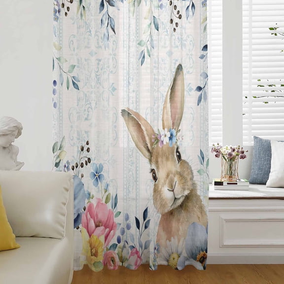 Bunny Easter Semi Sheer Curtains Drapes for Living Room, Bedroom, French Doors Window 63 Inches Long, Spring Floral Blue Leaves Watercolor Rod Pocket Chiffon Curtain Drapery Voile Draperies Panel