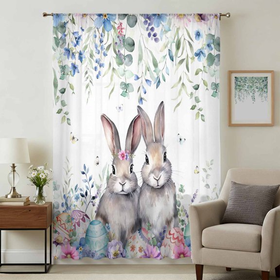 Bunny Easter Sheer Curtains 45 Inches Long, Eucalyptus Leaves Spring Floral Eggs Weeping Light Filering Curtains, Breathable Simi Curtain Privacy Drapes for Kitchen Bathroom Small Window Treatment