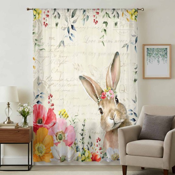 Bunny Easter Sheer Curtains 54 Inches Long, Eucalyptus Spring Floral Farmhouse Weeping Light Filering Curtains, Breathable Simi Curtain Privacy Drapes for Kitchen Bathroom Nursery Window Treatment