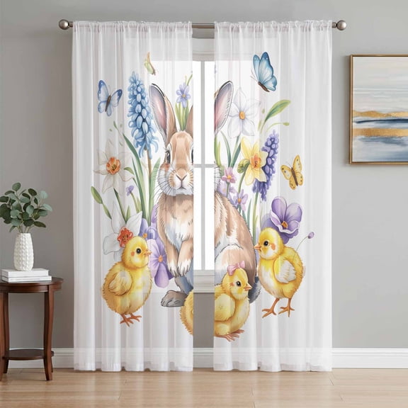Bunny Easter Sheer Curtains 63 Inch Length 2 Panels Set, Spring Floral Elegant Pastoral Butterfly Voile Window Treatment Rod Pocket Curtains Sheers Drapes for Bedroom/Living Room/Kitchen 52x"63"x2