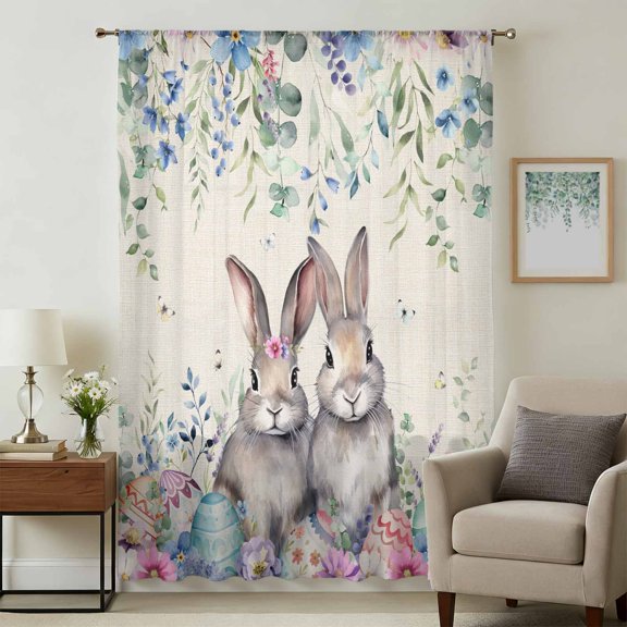 Bunny Easter Sheer Curtains 63 Inches Long, Eucalyptus Leaves Spring Floral Eggs Rustic Light Filering Curtains, Breathable Simi Curtain Privacy Drapes for Living Room Bedroom Window Treatment