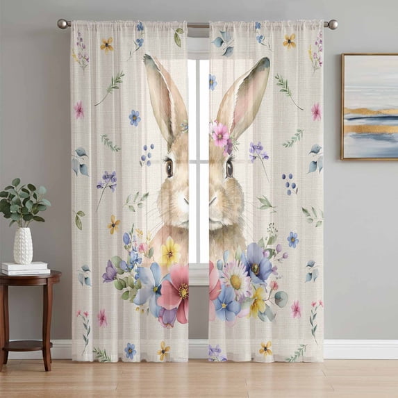 Bunny Easter Sheer Curtains 84 Inch Length 2 Panels Set Window Treatments, Spring Floral Pastoral Rabbits Rustic Rod Pocket Semi Curtains for Living Room/Bedroom/Kitchen Décor, 104"W x 84"L