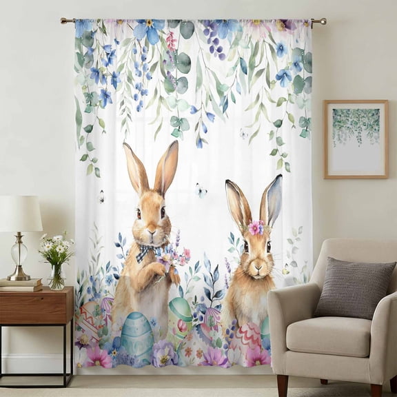 Bunny Easter Sheer Curtains 84 Inches Long, Spring Floral Eggs Eucalyptus Leaves Weeping Light Filering Curtains, Breathable Simi Curtain Privacy Drapes for Living Room Bedroom Window Treatment