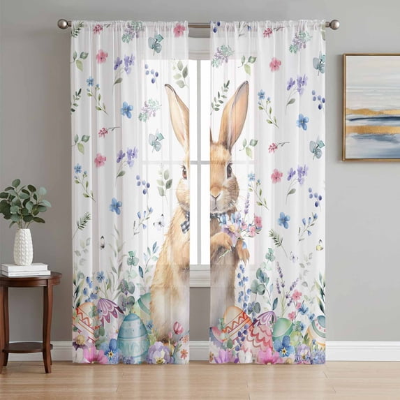Bunny Easter Sheer Curtains 96 Inch Length 2 Panels Set Window Treatments, Spring Floral Rabbits Eggs Farmhouse Rod Pocket Semi Curtains for Living Room/Bedroom/Kitchen Décor, 104"W x 96"L