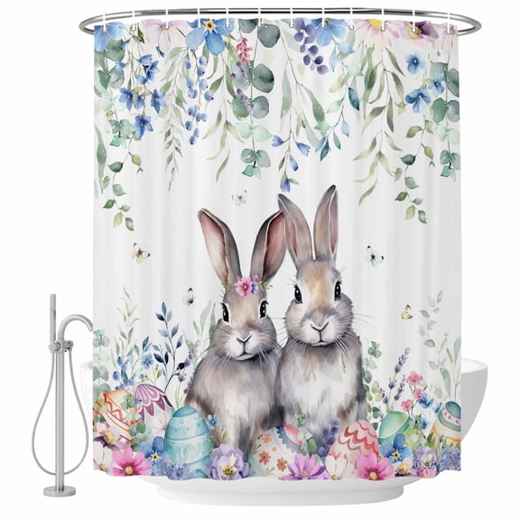 Bunny Easter Shower Curtain, Waterproof Shower Curtains for Bathroom, Eucalyptus Leaves Spring Floral Eggs Weeping Washable Fabric Bathtub Curtain Set Bath Decor with 12 Hooks 72"x78"