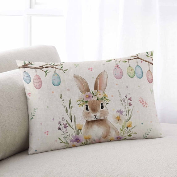 Bunny Easter Standard Size Pillow Cover, Pillowcase Protectors with Zipper, Breathable Decorative Throw Pillow Case Cover, Colorful Eggs Spring Floral Rustic Pillow Shams for Couch Sofa 20x26Inch
