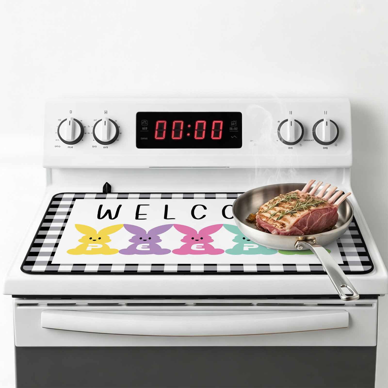 Bunny Easter Stove Top Cover for Electric Stove, Heat-proof & Non Slip Glass Top Stove Cover Protector, Black White Checkered Modern Art Kitchen Flat Cooktop Rubber Mat 24x21 Inches