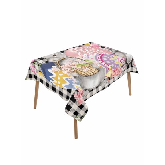 Bunny Easter Table Cloth, Waterproof Tablecloth for Rectangle Tables, Eggs Plaid Spring Floral Black White Farmhouse Reusable Washable Fabric Table Cover for Restaurant Kitchen Dining Tables 52"x70"