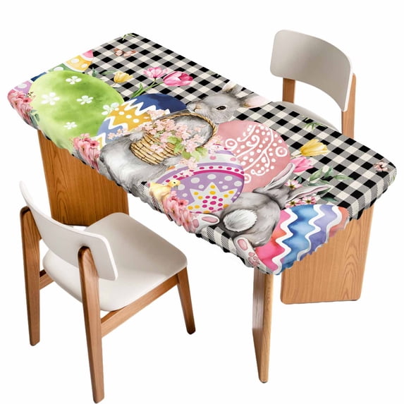 Bunny Easter Table Cloths for 3 Foot Rectangle Tables, Eggs Plaid Spring Floral Black White Farmhouse Patio Waterproof Elastic Fitted Tablecloths, Washable Rectangular Table Cover for Camping