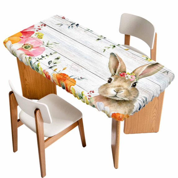 Bunny Easter Table Cloths for 3 Foot Rectangle Tables, Eucalyptus Spring Floral Farmhouse Wooden Patio Waterproof Elastic Fitted Tablecloths, Washable Rectangular Table Cover for Camping