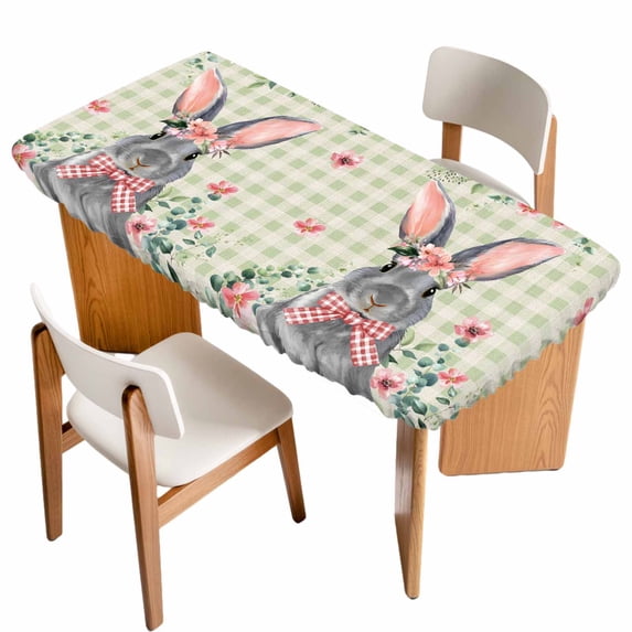 Bunny Easter Table Cloths for 3 Foot Rectangle Tables, Spring Floral Eucalyptus Leaves Green Plaid Rustic Patio Waterproof Elastic Fitted Tablecloths, Washable Rectangular Table Cover for Camping