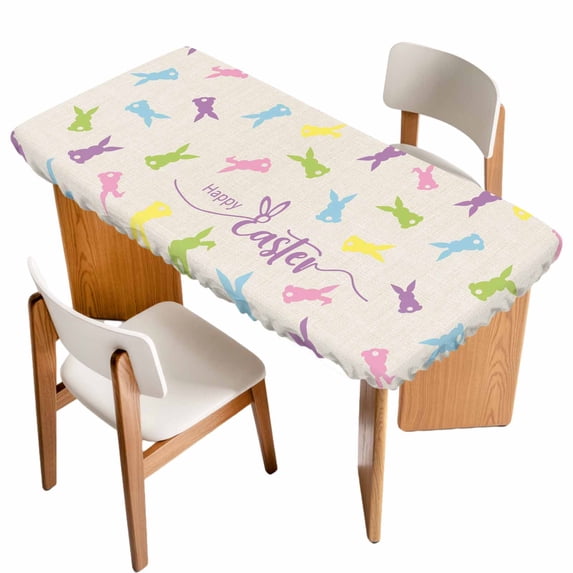 Bunny Easter Table Cloths for 3 Foot Rectangle Tables, Spring Rabbits Vintage Rustic Patio Waterproof Elastic Fitted Tablecloths, Washable Rectangular Table Cover for Camping