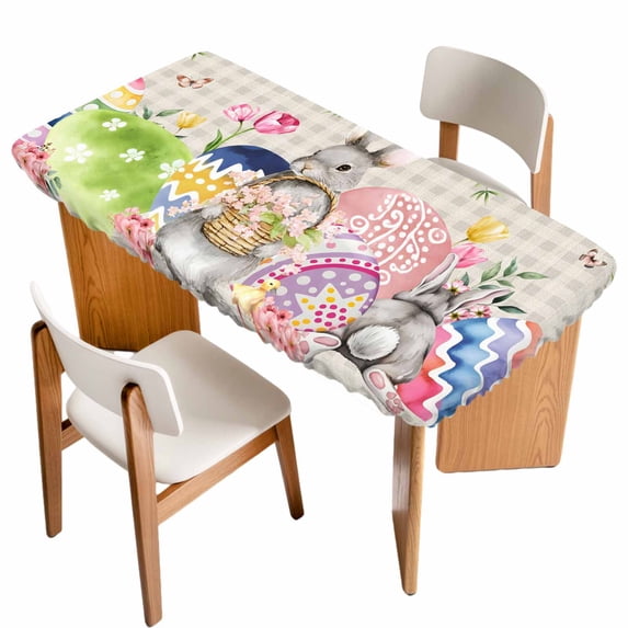 Bunny Easter Table Cloths for 4 Foot Rectangle Tables, Eggs Spring Floral Grey Plaid Farmhouse Patio Waterproof Elastic Fitted Tablecloths, Washable Rectangular Table Cover for Camping