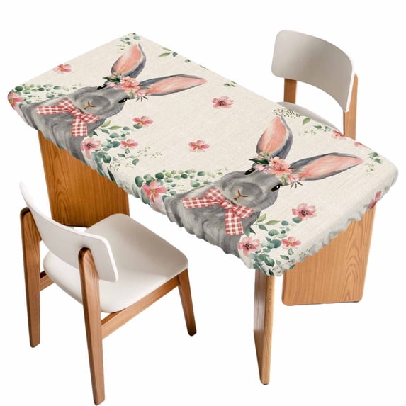 Bunny Easter Table Cloths for 4 Foot Rectangle Tables, Spring Floral Eucalyptus Leaves Rustic Patio Waterproof Elastic Fitted Tablecloths, Washable Rectangular Table Cover for Camping