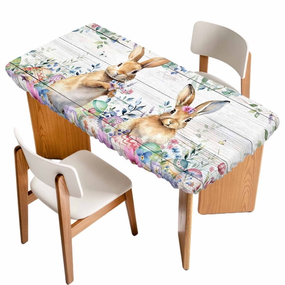Bunny Easter Table Cloths for 4 Foot Rectangle Tables, Spring Floral Eucalyptus Leaves Weeping Wooden Patio Waterproof Elastic Fitted Tablecloths, Washable Rectangular Table Cover for Camping
