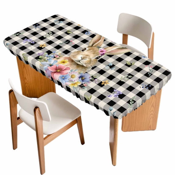 Bunny Easter Table Cloths for 5 Foot Rectangle Tables, Black Plaid Spring Floral Pastoral Retro Art Patio Waterproof Elastic Fitted Tablecloths, Washable Rectangular Table Cover for Camping