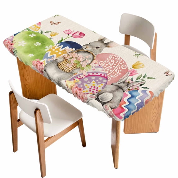 Bunny Easter Table Cloths for 5 Foot Rectangle Tables, Eggs Spring Floral Butterfly Leaves Rustic Patio Waterproof Elastic Fitted Tablecloths, Washable Rectangular Table Cover for Camping