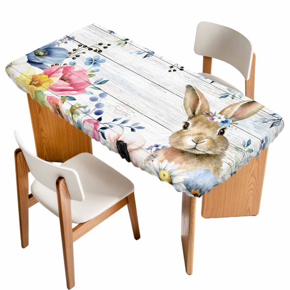 Bunny Easter Table Cloths for 5 Foot Rectangle Tables, Spring Floral Blue Eucalyptus Leaves Wooden Patio Waterproof Elastic Fitted Tablecloths, Washable Rectangular Table Cover for Camping