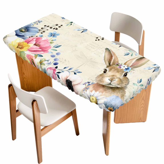 Bunny Easter Table Cloths for 5 Foot Rectangle Tables, Vintage Spring Floral Blue Eucalyptus Leaves Patio Waterproof Elastic Fitted Tablecloths, Washable Rectangular Table Cover for Camping