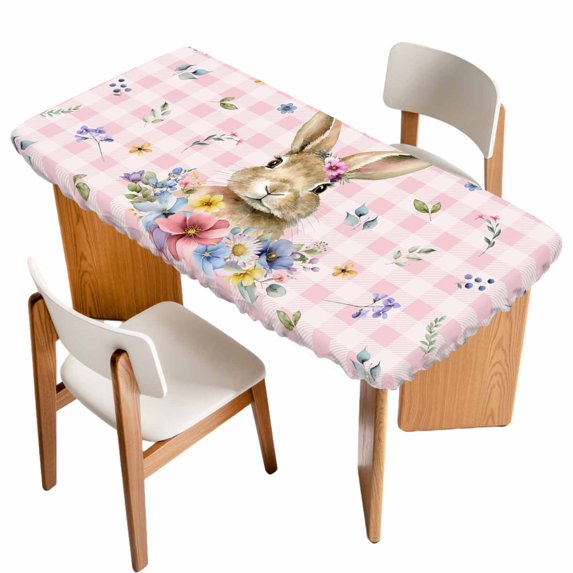 Bunny Easter Table Cloths for 6 Foot Rectangle Tables, Pink Plaid Spring Floral Pastoral Patio Waterproof Elastic Fitted Tablecloths, Washable Rectangular Table Cover for Camping