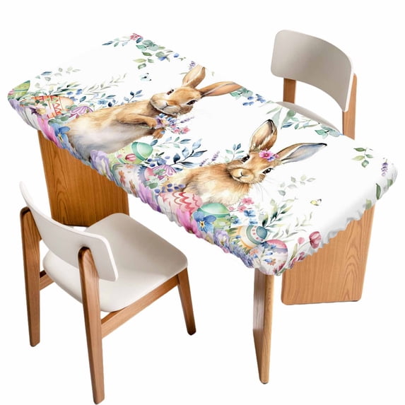 Bunny Easter Table Cloths for 6 Foot Rectangle Tables, Spring Floral Eggs Eucalyptus Leaves Weeping Patio Waterproof Elastic Fitted Tablecloths, Washable Rectangular Table Cover for Camping
