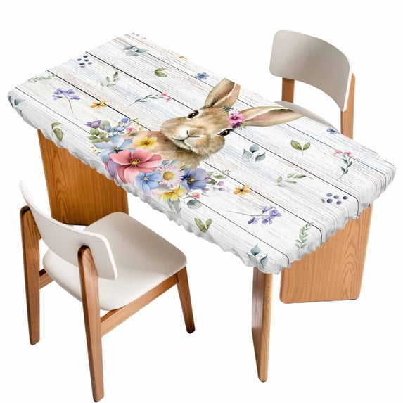 Bunny Easter Table Cloths for 6 Foot Rectangle Tables, Spring Floral Pastoral Wooden Patio Waterproof Elastic Fitted Tablecloths, Washable Rectangular Table Cover for Camping