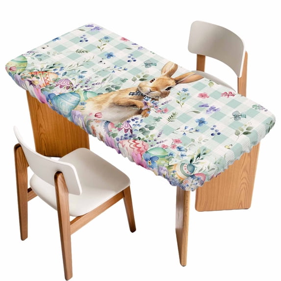Bunny Easter Table Cloths for 6 Foot Rectangle Tables, Spring Floral Rabbits Checkered Farmhouse Patio Waterproof Elastic Fitted Tablecloths, Washable Rectangular Table Cover for Camping