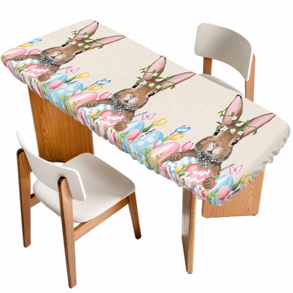 Bunny Easter Table Cloths for 8 Foot Rectangle Tables, Pink Blue Eggs Tulips Floral Rabbit Rustic Patio Waterproof Elastic Fitted Tablecloths, Washable Rectangular Table Cover for Camping
